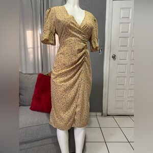 Floral Wrap-Style Midi Dress in Mustard Yellow